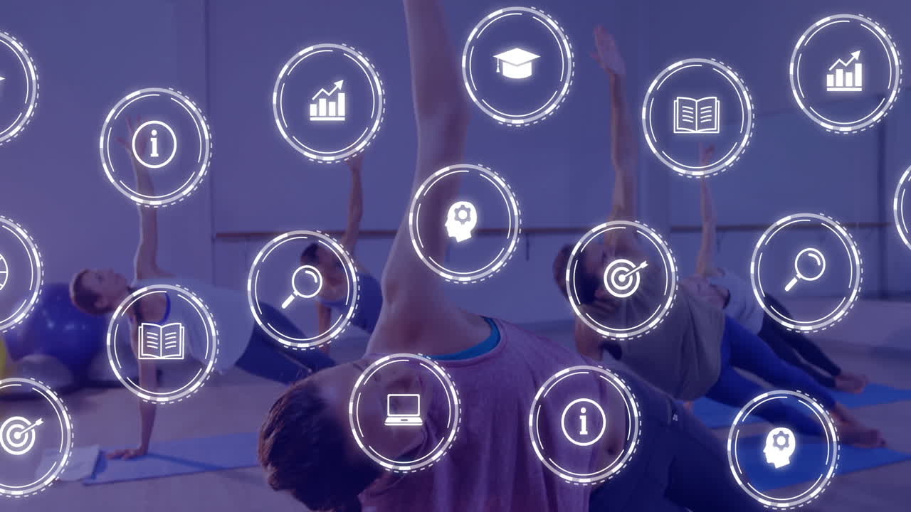 교육과 기술을 대표하는 다양한 아이콘과 함께 요가를 하는 사람들 애니메이션