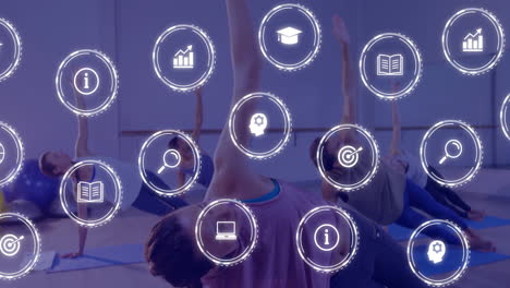 personas haciendo yoga con varios iconos que representan educación y tecnología animación