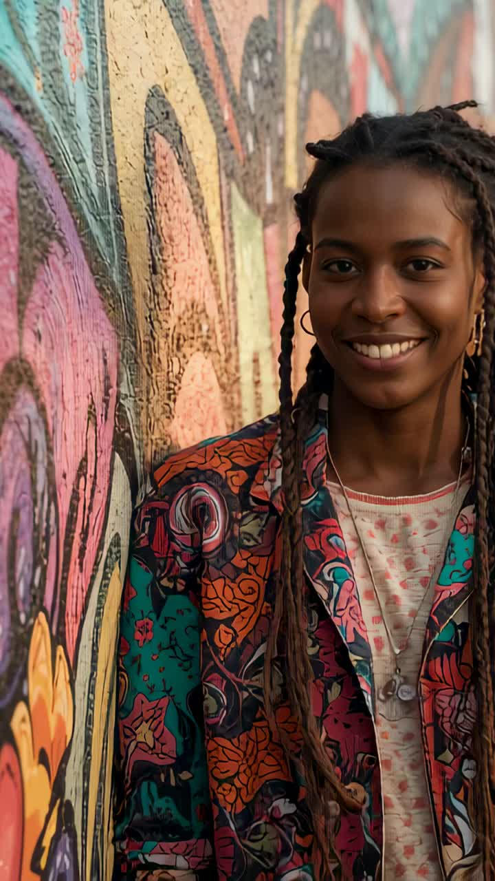 Vertical video: Camera rolling, woman with locs posing and leaning by mural, wearing bright jacket