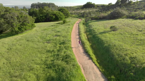 Antena-De-Una-Joven-Corriendo-Por-Un-Sendero-Forestal-Al-Atardecer