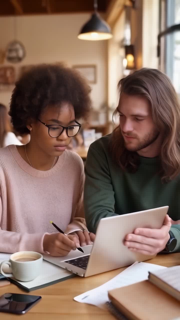Two young colleagues working together in a coffee bar