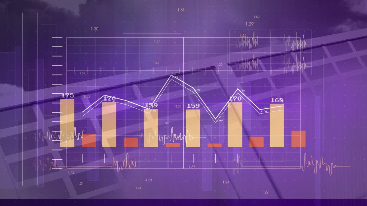 Data dashboard being visualized over solar backdrop showing grid overlay, bar charts and waveforms