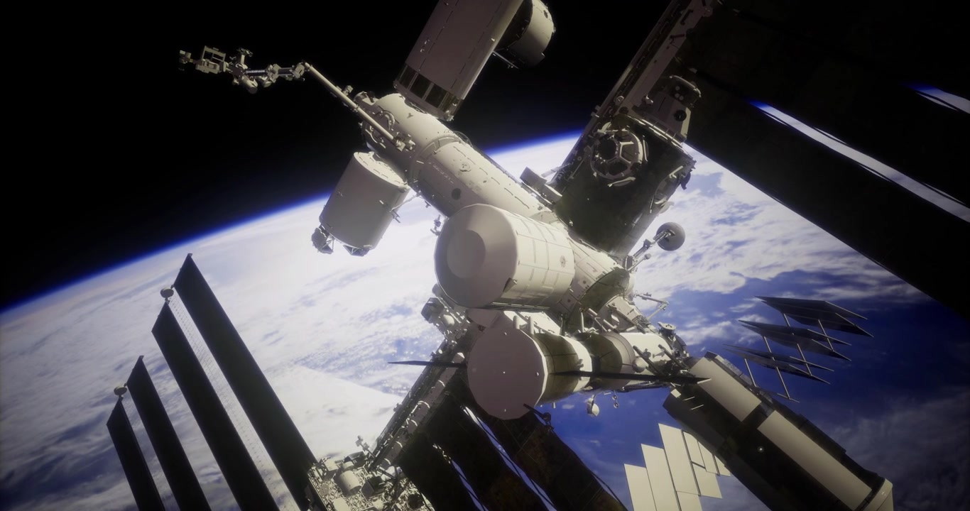 Stazione spaziale in orbita attorno alla Terra con pannelli solari e moduli di attracco in vista