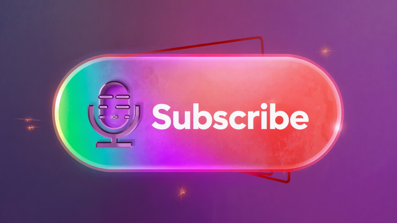 On start, pulsing glossy subscribe pill with mic and sparkles on gradient backdrop, inviting clicks