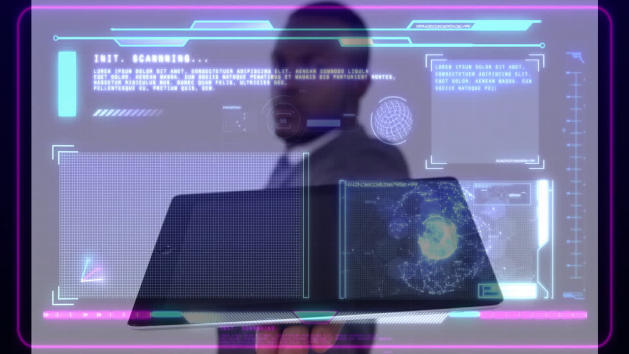 Displaying futuristic data interface with graphs and maps, business professional analyzing