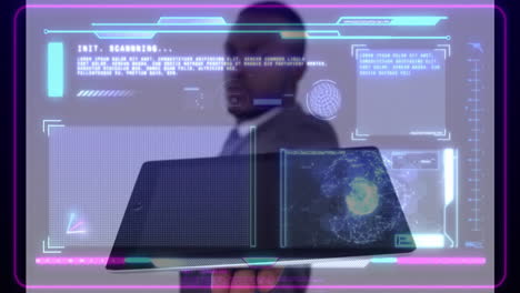 displaying futuristic data interface with graphs and maps, business professional analyzing