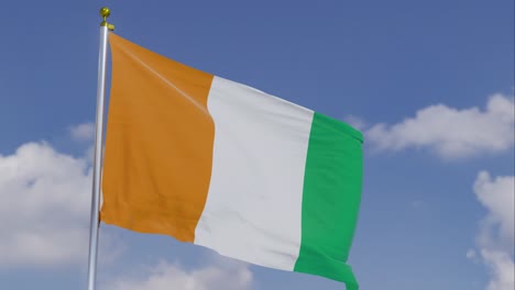 flag of côte d'ivoire moving in the wind with a clear blue sky in the background, clouds slowly moving, flagpole, slow motion