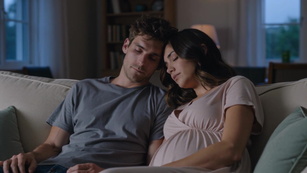 Donna con un top rosa pallido che sente i calci del bambino, il partner si china e appoggia le mani sulla pancia sul divano.