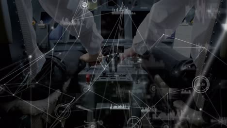 animación de la red de conexiones sobre la sección media de los pilotos en una cabina de un avión