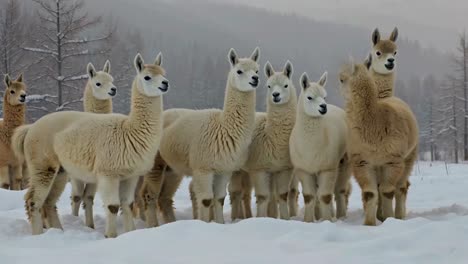 a herd of white llamas standing together in a snowy landscape