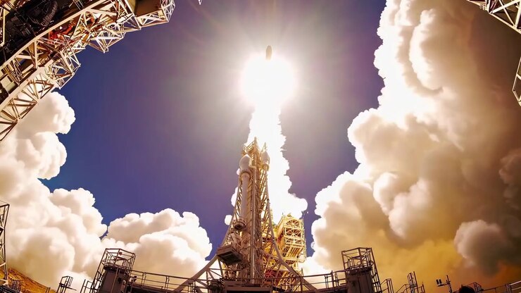 Space Rocket Launching from Launchpad into Clear Blue Sky