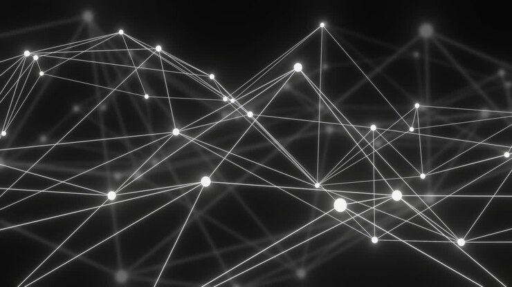 Animazione di una rete di connessioni con nodi luminosi su sfondo nero.