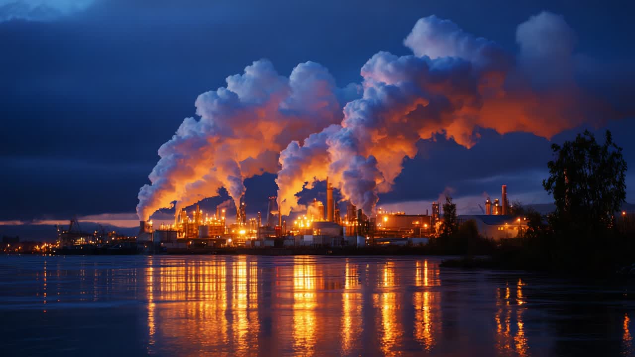 A dramatic industrial landscape illuminated by fiery orange and blue hues, showcasing smokestacks releasing thick clouds of steam and smoke against a darkening sky, reflecting in the serene waters below