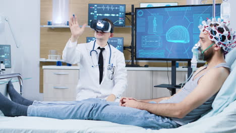 doctor wearing virtual reality goggles in a modern facility for brain analysis