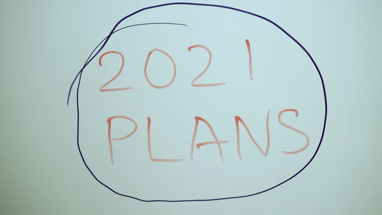 유리 위에 쓰여진 2021년 계획 위에 손으로 원을 표시하는 것 - 2021년 새해 목표를 기록하는 개념