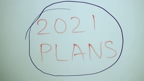 hands marking circle over the 2021 plans written on glass - concept of making note of 2021 new year goals