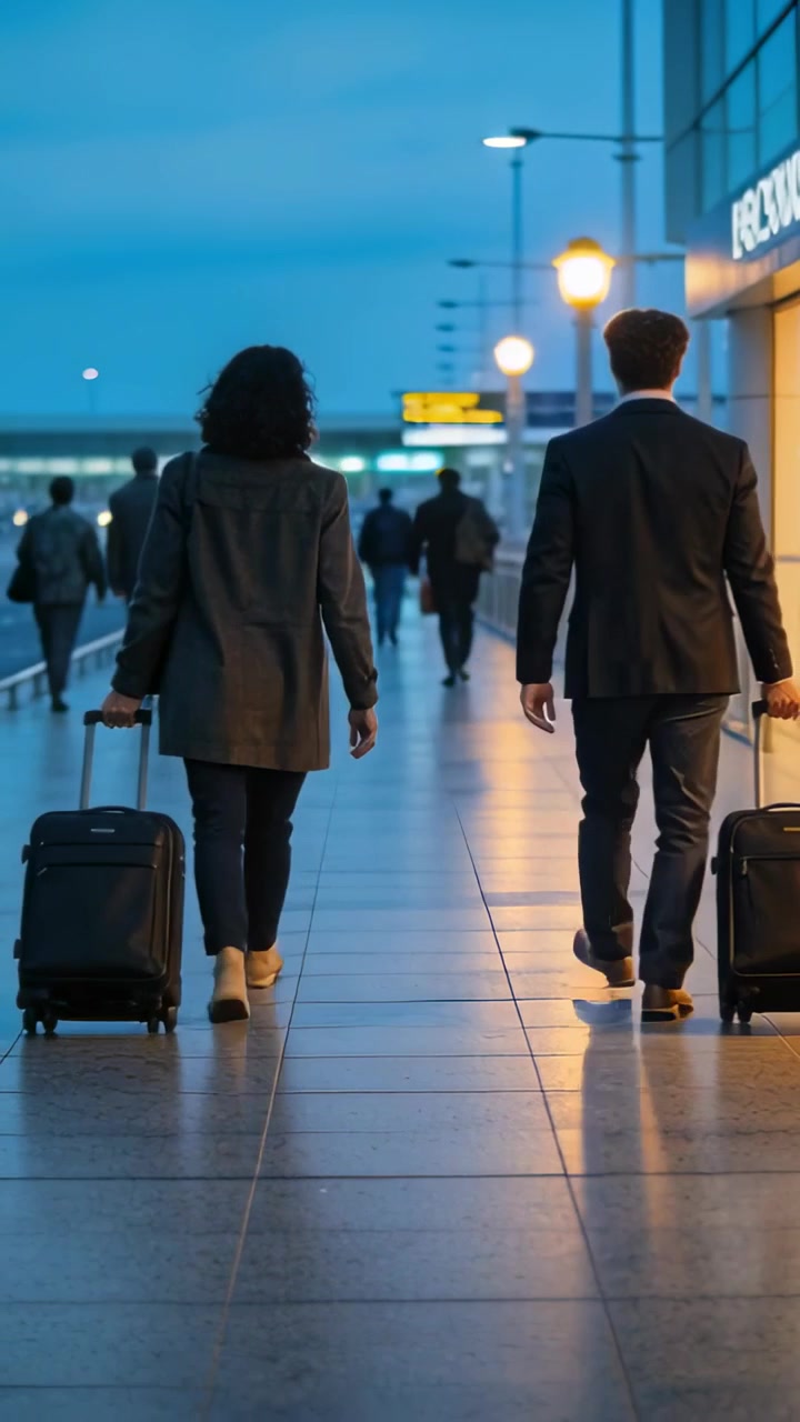 Video vertical: Pareja caminando por la terminal con abrigo oscuro y traje, arrastrando maletas de mano y siguiendo la señal de la puerta de embarque.