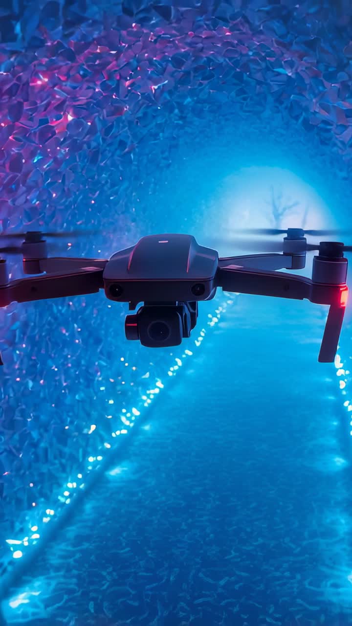 Video verticale: eliche rotanti che spingono un quadricottero con sospensione cardanica in un tunnel illuminato, LED rosso acceso