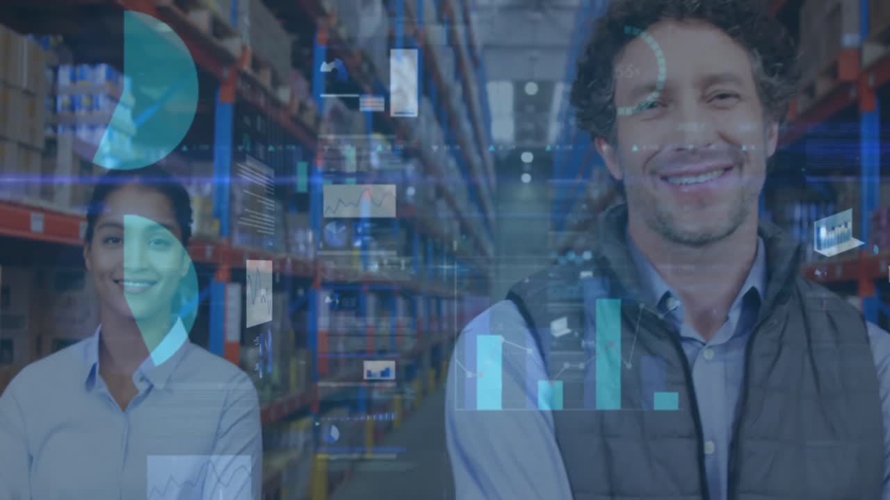 animación de estadísticas y procesamiento de datos financieros sobre hombres y mujeres que trabajan en almacenes