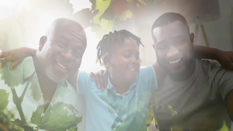 composite of happy african american son, father and grandfather embracing, with sunlight and nature