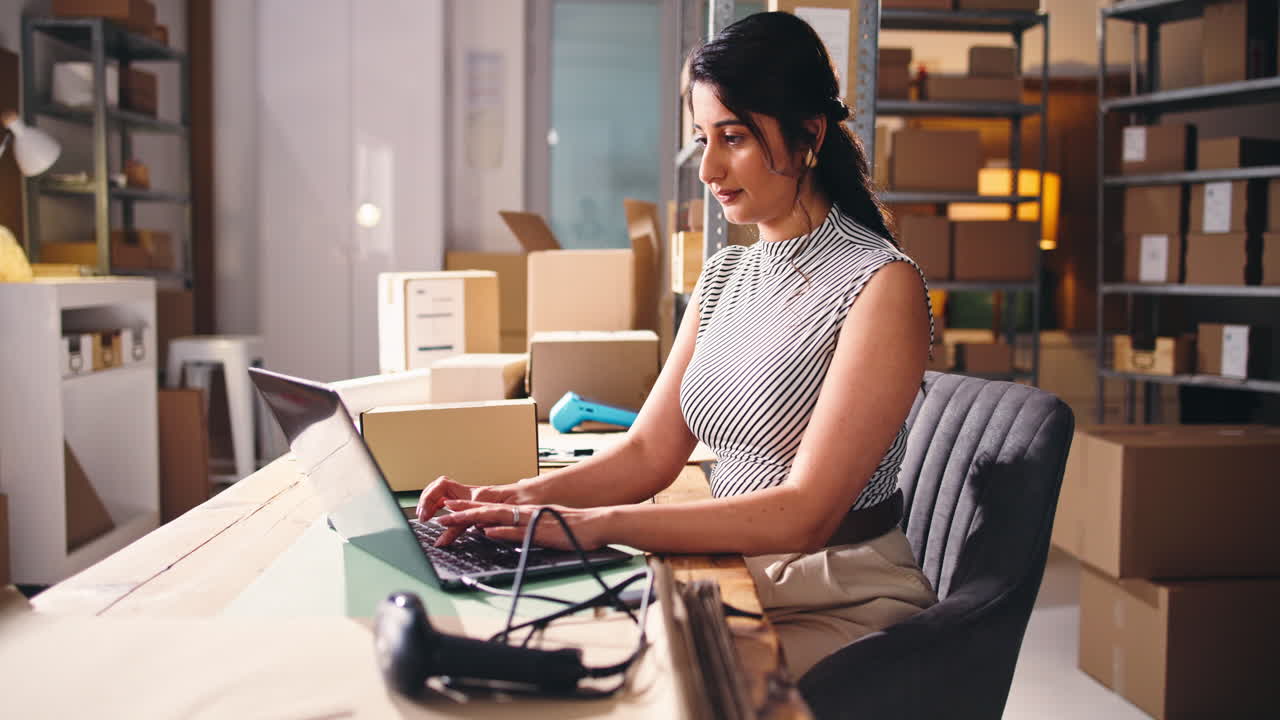 Mujer joven escribiendo en un portátil en la oficina de un almacén de comercio electrónico