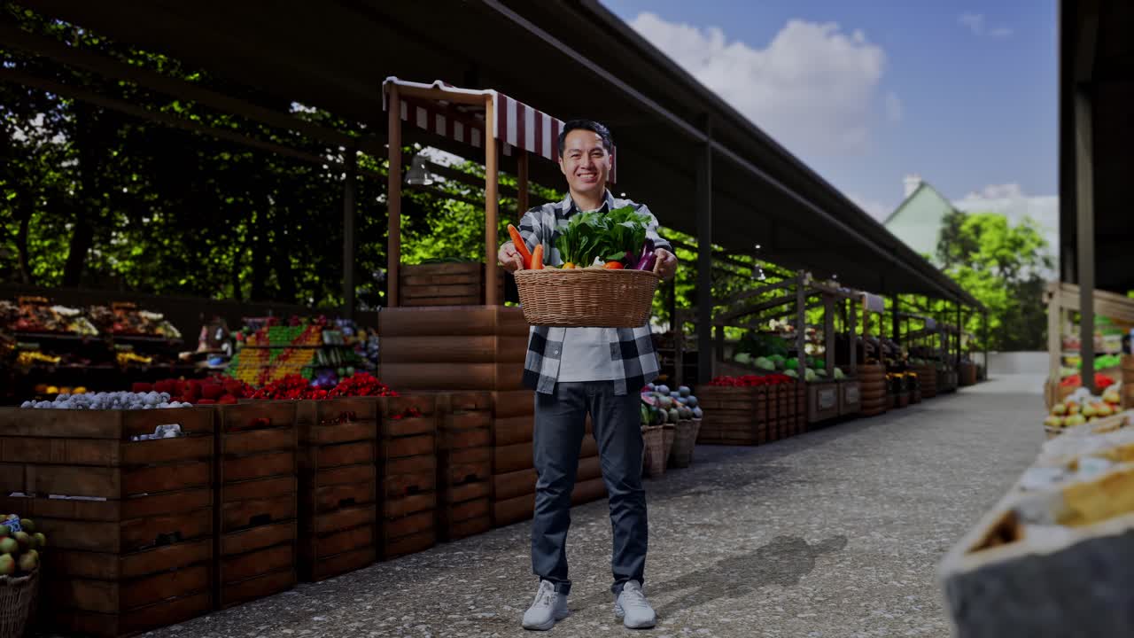 Agricoltore asiatico a figura intera che offre un cesto di verdure e sorride calorosamente in un mercato contadino