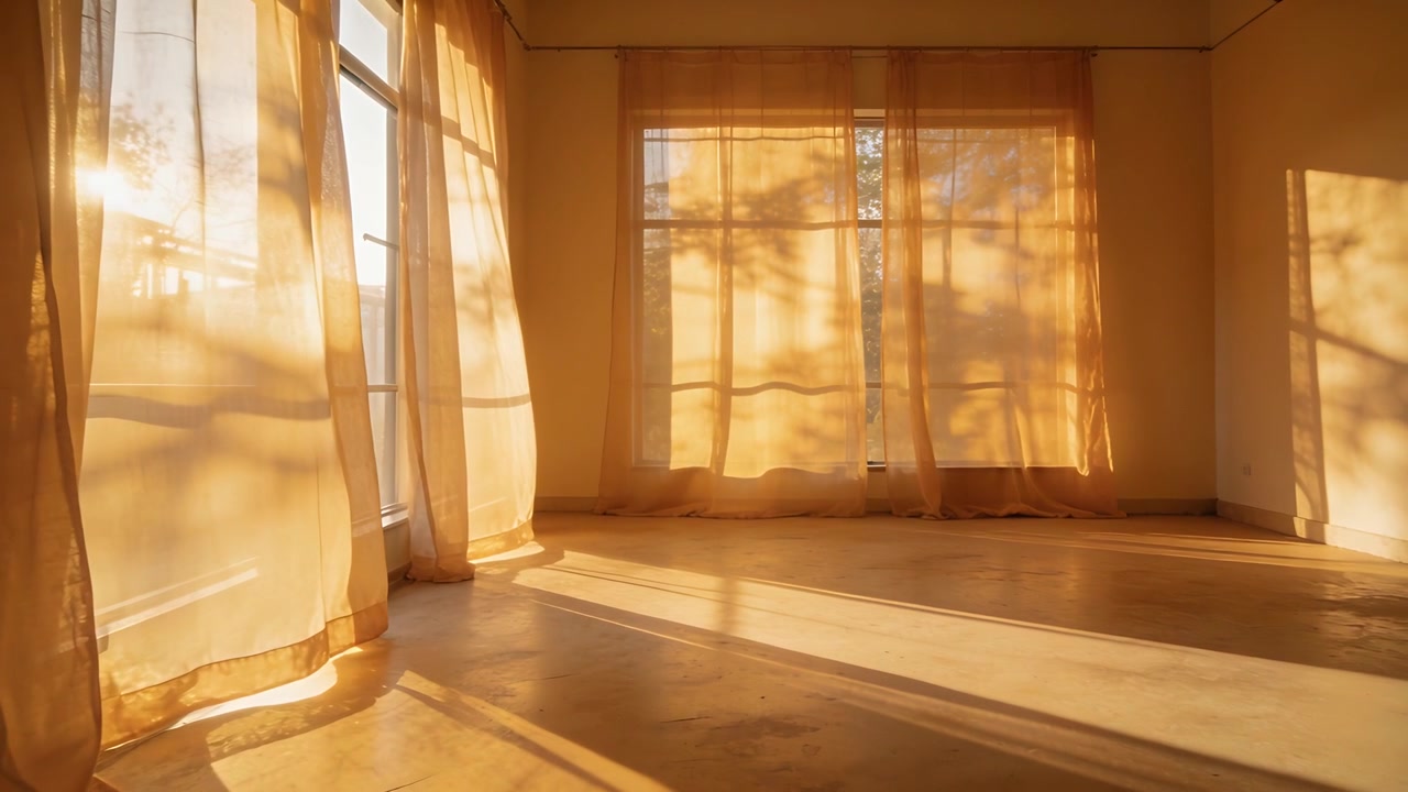 Breeze entering studio window, moving sheer curtains and light across floor, casting tree shadows