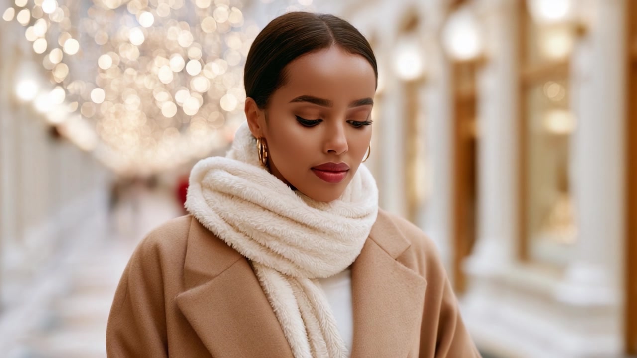 Bellezza contemplativa: una giovane donna vestita con un accogliente abbigliamento invernale e una morbida sciarpa, che passeggia attraverso una galleria decorata a festa e illuminata da luci scintillanti.