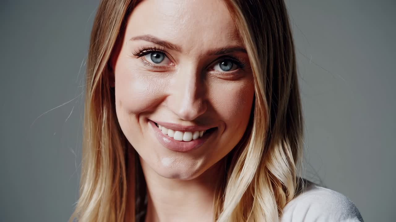 Close-up video of a smiling woman with a neutral background, shot from a front-facing angle