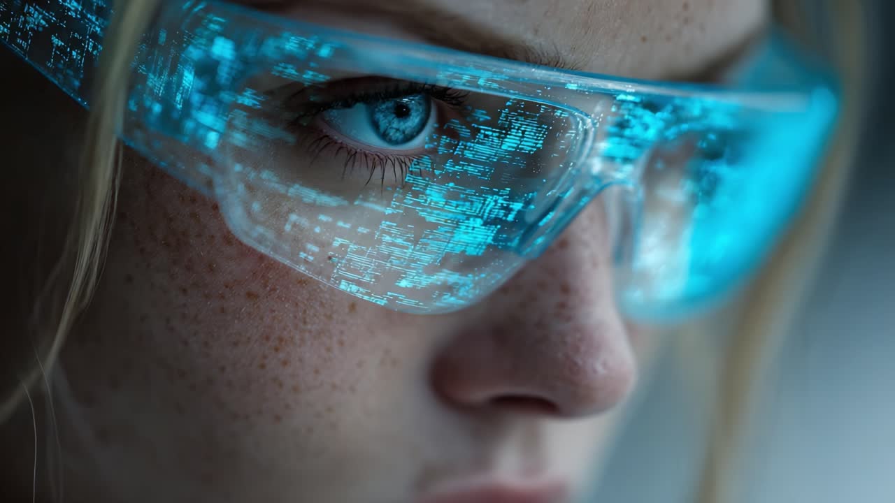 A Stunning Close-Up Portrait of a Young Individual Wearing Futuristic Augmented Reality Glasses, Highlighting Intricate Visual Details and Enhanced Perception Features
