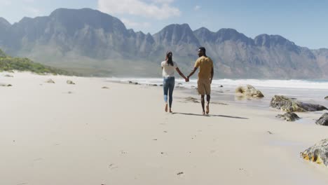 vista trasera de una pareja afroamericana sosteniendo las manos y caminando por la playa