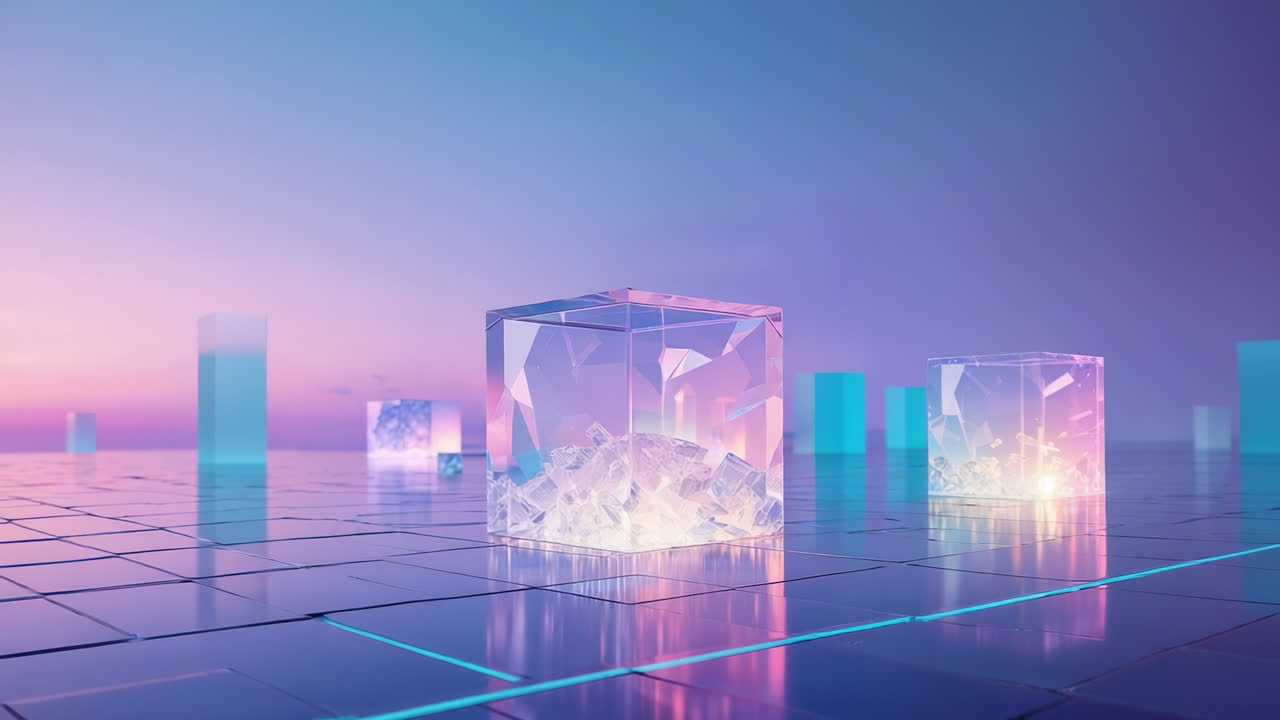 Futuristic Abstract Scene with Glowing Glass Cubes on a Grid