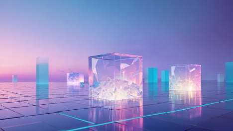 futuristic abstract scene with glowing glass cubes on a grid