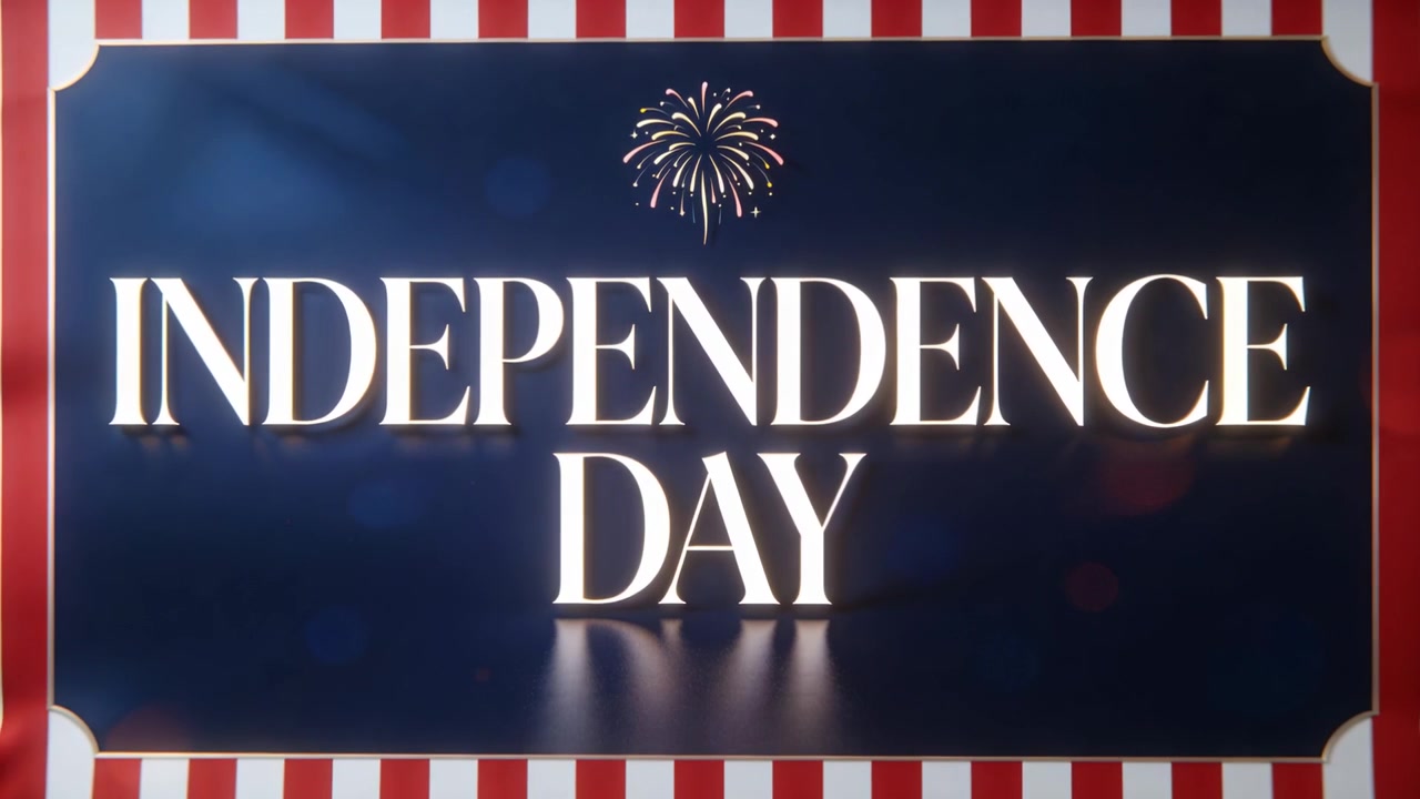 Panning camera revealing patriotic poster at wall, displaying INDEPENDENCE DAY sign with fireworks