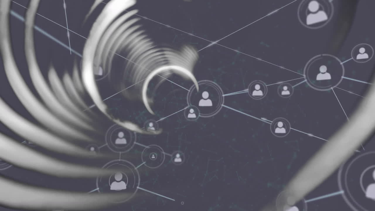 animación de túnel circular e íconos conectados con líneas sobre fondo negro