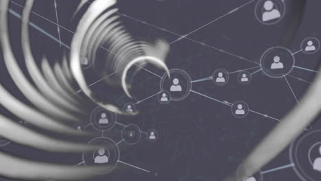 animación de túnel circular e íconos conectados con líneas sobre fondo negro