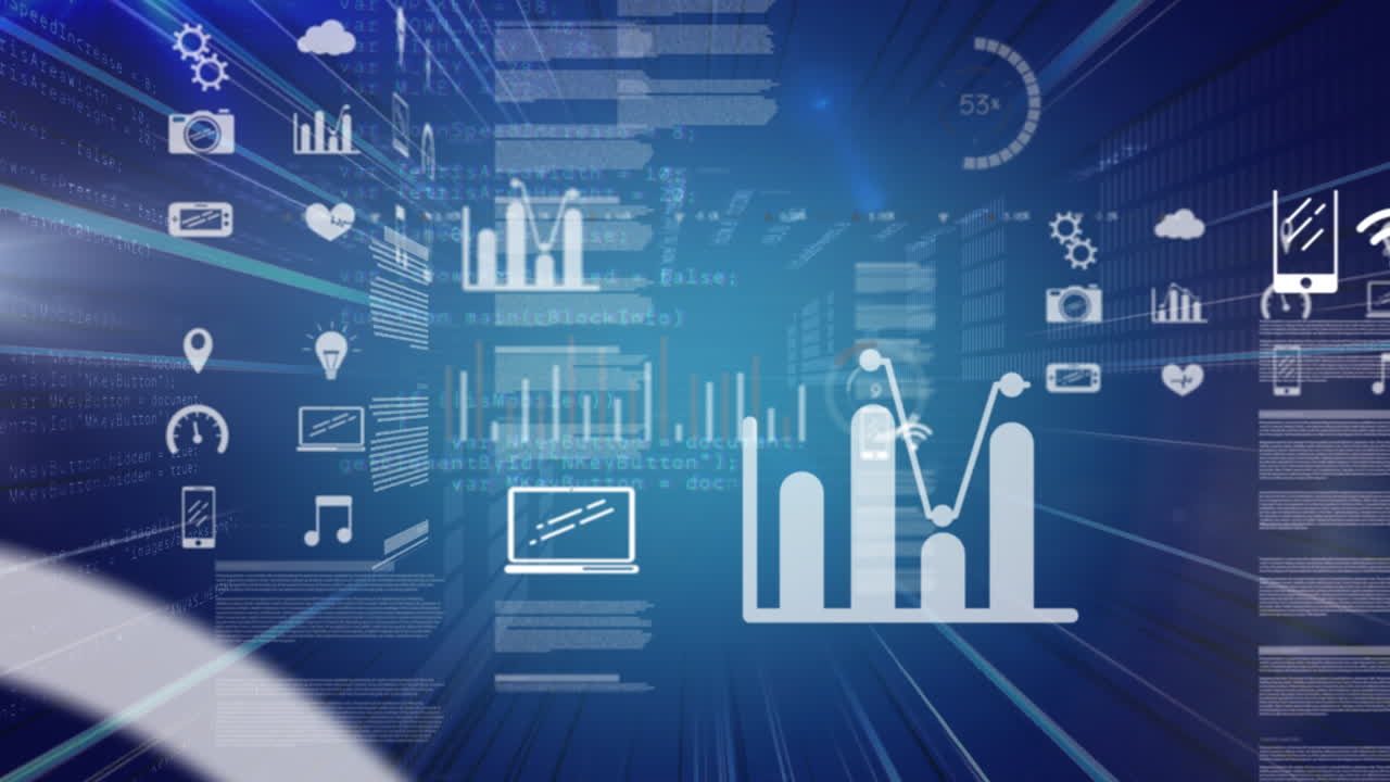 Animation of data processing over blue background
