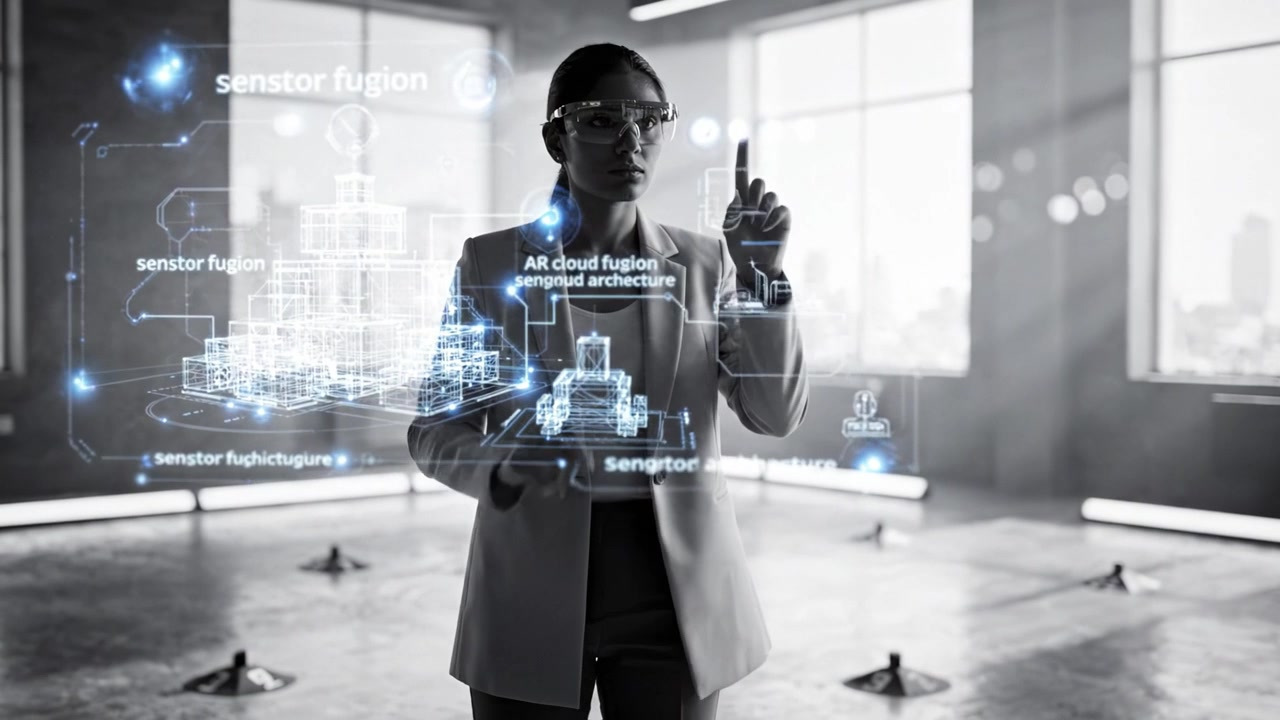 A Woman in a Modern Space Engages with Augmented Reality Visuals Illustrating Sensor Fusion and Architectural Concepts in an Innovative Tech Environment