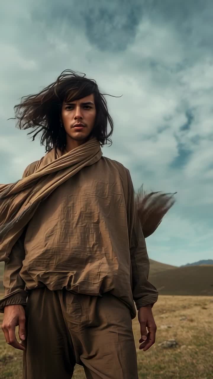 Vertical video: Wind lifting long tan scarf and hair, man in tan tunic walking to lens across plain