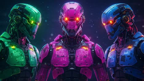futuristic triad: a glimpse into the world of colorful robotic life forms with neon accents and intricate designs that showcase advanced technology and artistic innovation
