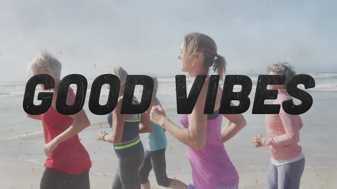 검은색으로, 해변에서 달리는 여성들과 함께 텍스트 좋은 진동의 애니메이션