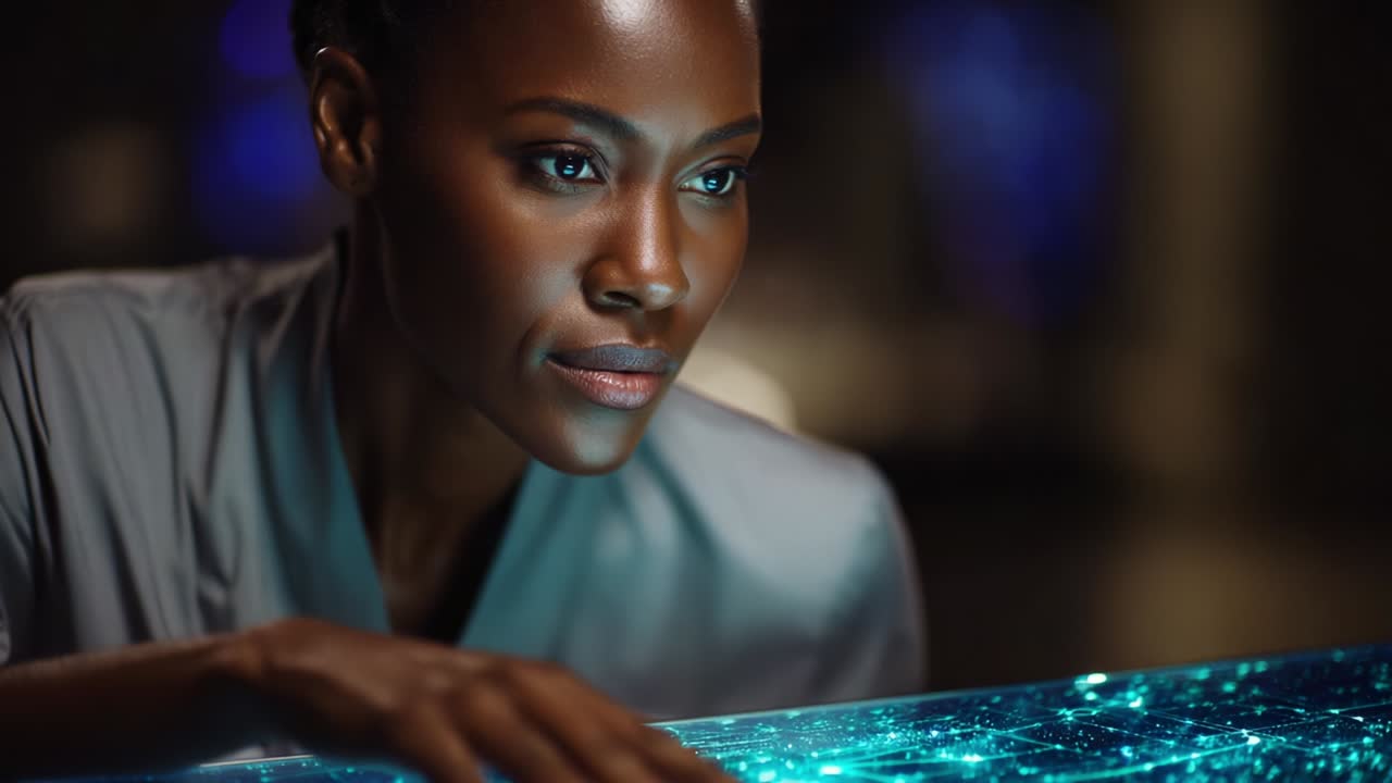 Exploring Digital Frontiers: A Focused Individual Engages with Advanced Technology on a Glowing Interactive Display, Showcasing Innovation, Curiosity, and the Future of Human-Computer Interaction