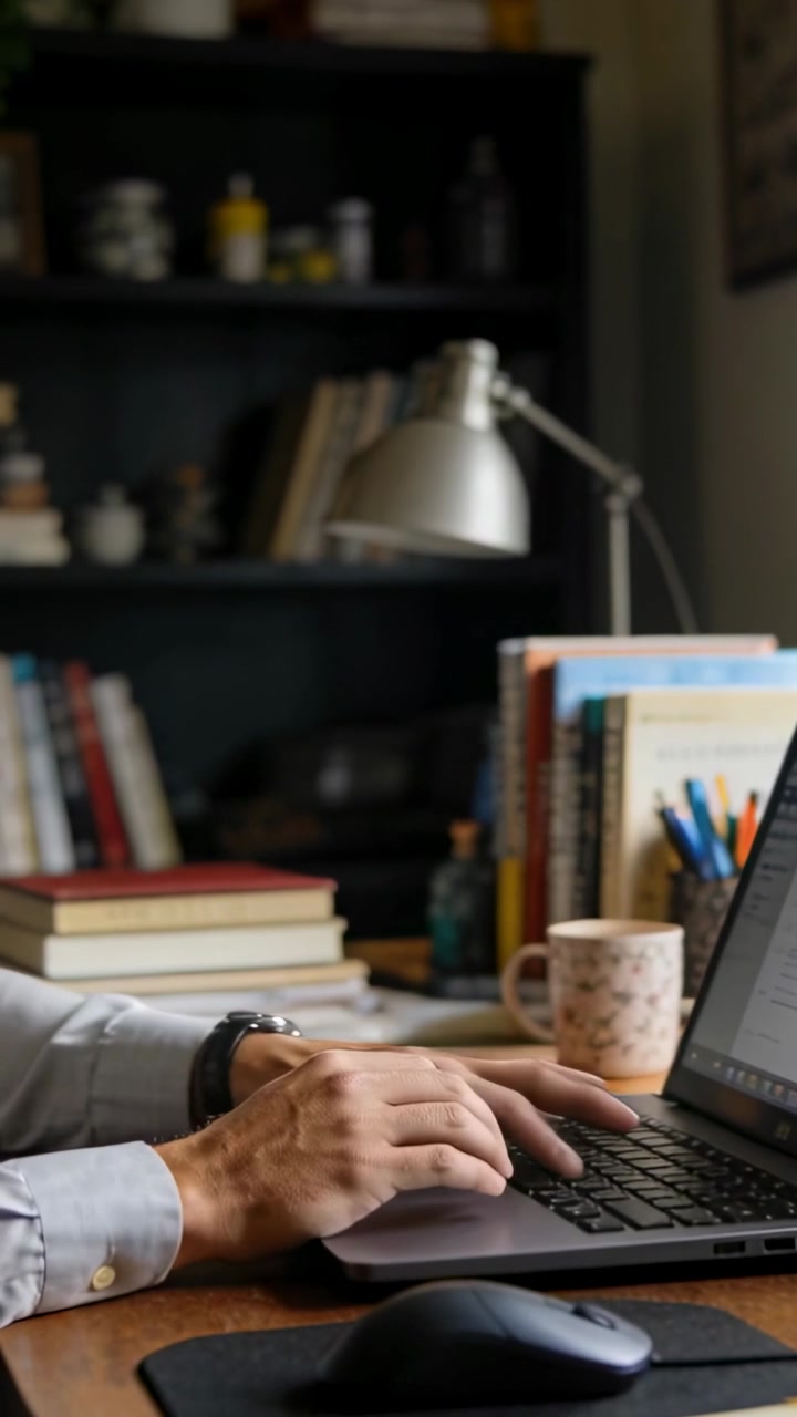 Video verticale: Mani con polsini che si posano, iniziando a digitare e cliccare il mouse del laptop a casa per lavoro