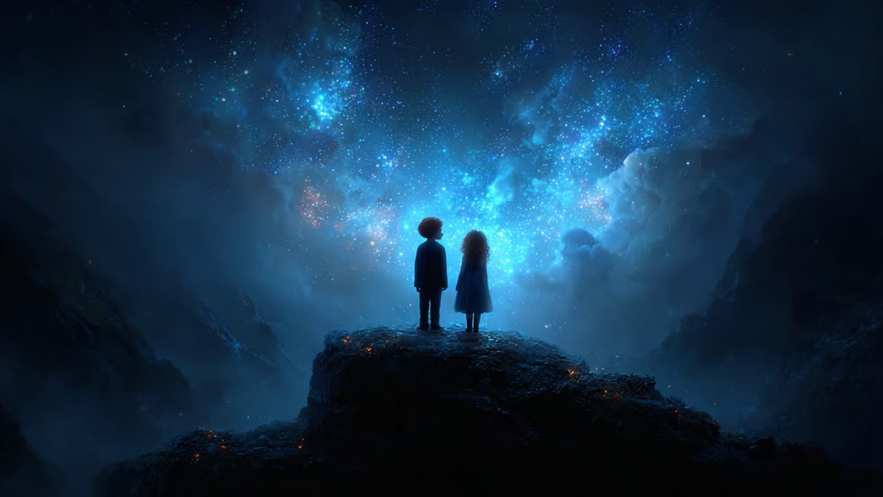 A Dreamy Journey into the Cosmic Realm: Two Silhouetted Figures Stand in Awe Beneath a Mesmerizing Starry Sky Full of Vibrant Nebulae and Mystical Clouds