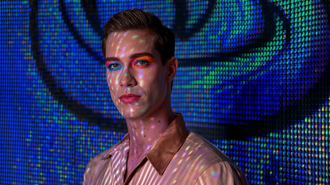 Modelo girando con remolino LED animado bajo puntos en un set para retrato, camisa de satén, maquillaje bitono.