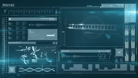 Futuristic data analysis and DNA sequencing animation over digital interface