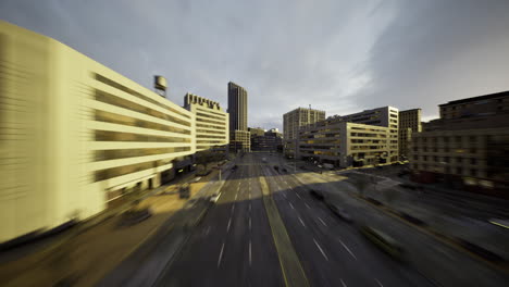 urban landscape at sunset with low light reflecting on buildings