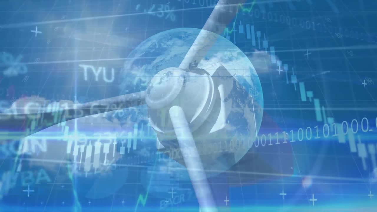 풍력 터빈과 지구상에서 금융 데이터 처리의 애니메이션