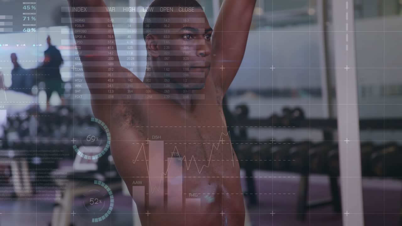 Male athlete starting overhead rep by lifting bar, animated percent and graph showing fitness data