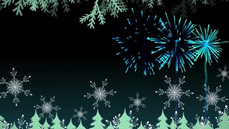 Animation-of-fireworks-and-snowflakes-on-black-background